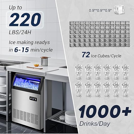 220LBS Commercial Ice Maker Machine - 72PCS Ice Cubes per Round, Undercounter/Freestanding Ice Machine, 55LBS Ice Storage Capacity for Home Bar and Outdoor, Stainless Steel Self-Cleaning-CasaMuseHome