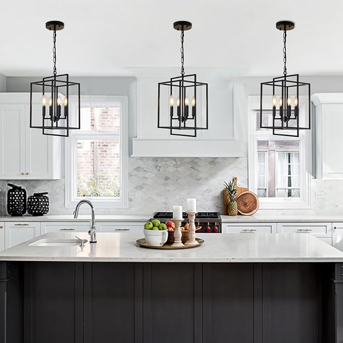 4-Light Vintage Black Chandelier, Foyer Lighting Fixtures Farmhouse Chandeliers for Dining Room, Modern Industrial Lantern Pendant Light for Kitchen Island Entryway Stairway-CasaMuseHome
