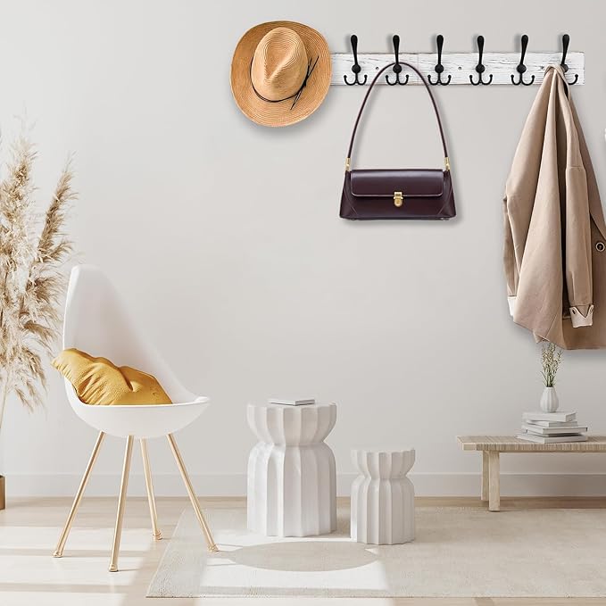 32.2'' Large Coat Rack Wall Mount Coat Hooks with 8 Metal Black Triple-Hooks Old White Pine Real Wood Plank Hat Rack for Wall Hooks-CasaMuseHome