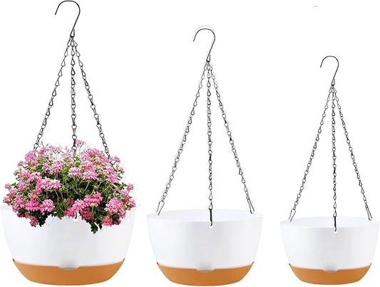 8/10/12 inch Hanging Planters for Indoor Outdoor Plants with Self-Watering Pots, 3 Pack Plastic Hanging Basket with Removable Tray for Home Garden Porch Balcony Patio Decor(White)-CasaMuseHome