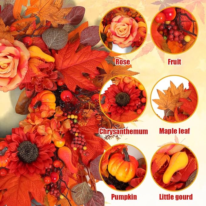 24" Fall Wreath for Front Door Outside - Sunflower, Pumpkin, Berry & Maple Leaves | Weatherproof Autumn Outdoor Wreaths with Hanger Hook for Thanksgiving, Harvest-CasaMuseHome
