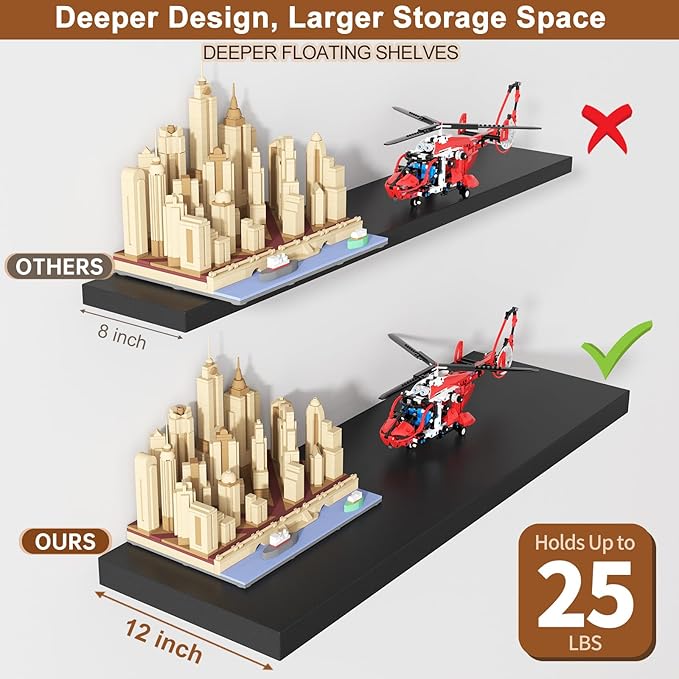 48 Inch Floating Shelf 2 Pack Large Floating Shelves for Wall No Drilling Accessories Included Deep Wall Shelves for Living Room Kitchen Farmhouse 48" W x 12" D x 1.2" Black-CasaMuseHome