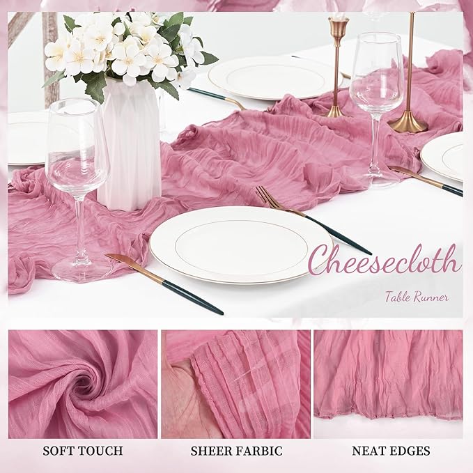 20 Pack Dusty Rose 10FT Cheesecloth Table Runner 20 x 120 Inch Long Rustic Gauze Fabric Cheese Cloth Table Runner for Wedding Bridal Baby Shower Table Decorations Boho Sheer Birthday Party Table Decor-CasaMuseHome