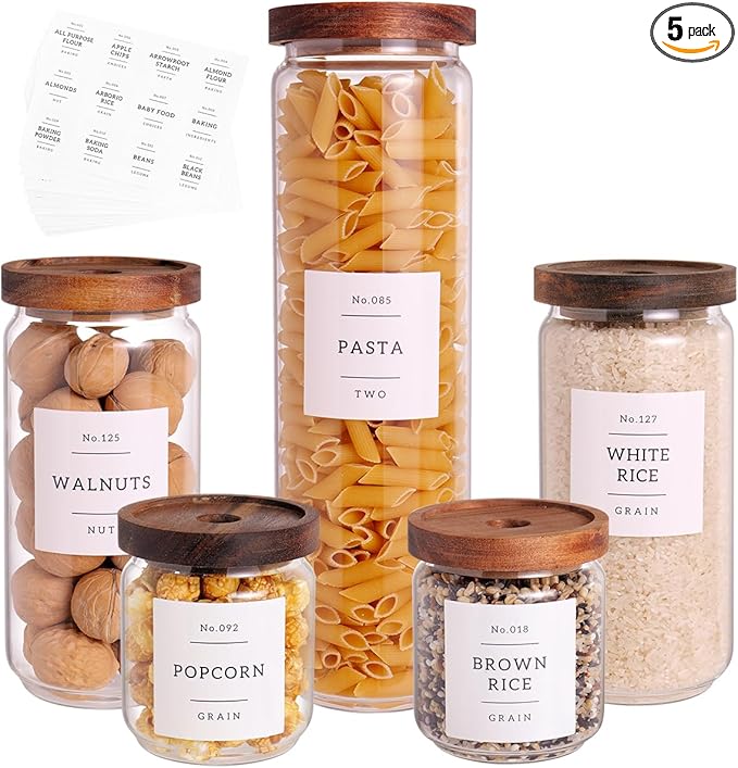 5 Set Glass Pantry Storage Jars with Acacia Airtight Lid - Thicken Glass Kitchen Canisters with 132 Pantry Labels - Clear Glass Food Storage Containers with Wood Lid for Tea,Sugar,Candy,Cookie,Pasta-CasaMuseHome