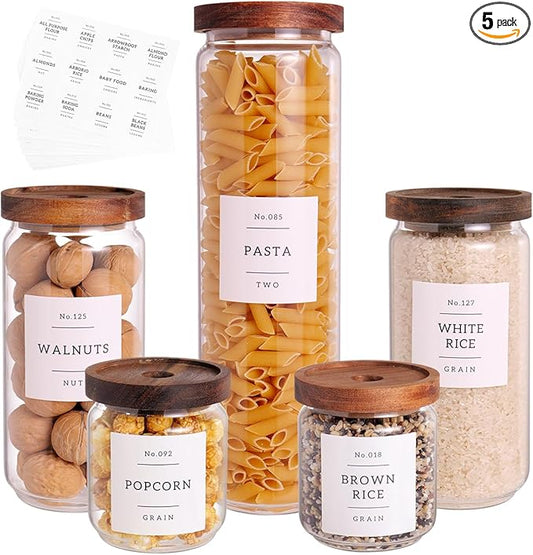5 Set Glass Pantry Storage Jars with Acacia Airtight Lid - Thicken Glass Kitchen Canisters with 132 Pantry Labels - Clear Glass Food Storage Containers with Wood Lid for Tea,Sugar,Candy,Cookie,Pasta-CasaMuseHome