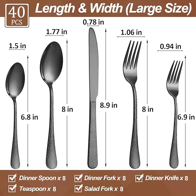 40 Pcs Black Silverware Set for 8 with Hammered Design, Food Grade Stainless Steel Flatware Set, Eating Utensils Sets Include Fork/Knife/Spoon, Cutlery Set, Dishwasher Safe-CasaMuseHome