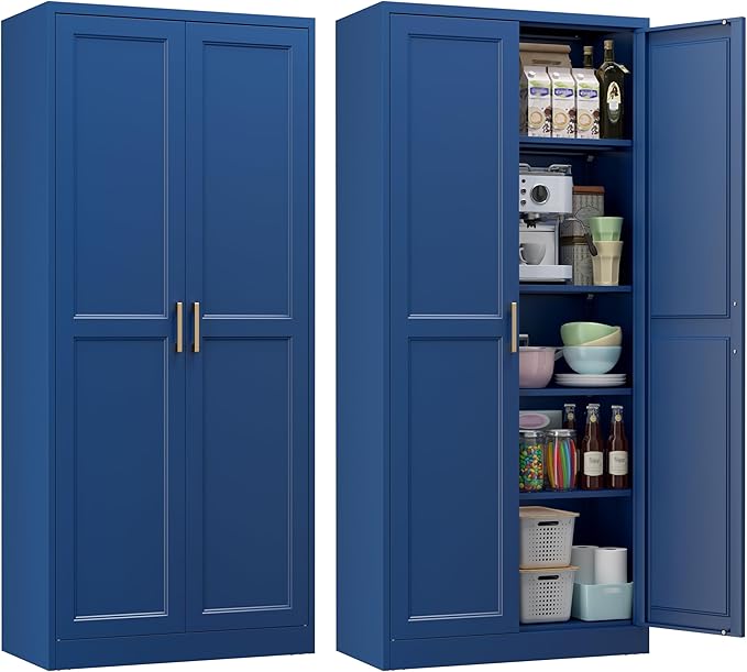 71" Metal Pantry Cabinet, Tall Kitchen Pantry Storage Cabinet with 4 Adjustable Shelves and Gold Handles, Blue Cupboard for Kitchen, Dining Room, Living Room-CasaMuseHome