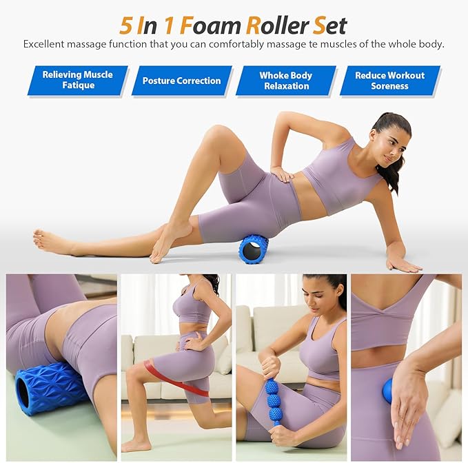 5 in1 Foam Roller Set, Trigger Point Foam Roller, Massage Roller Stick, Massage Ball, Resistance Band for Deep Muscle Massage Pilates Yoga,Fitness Exercise for Whole Body (Pure Blue)-CasaMuseHome