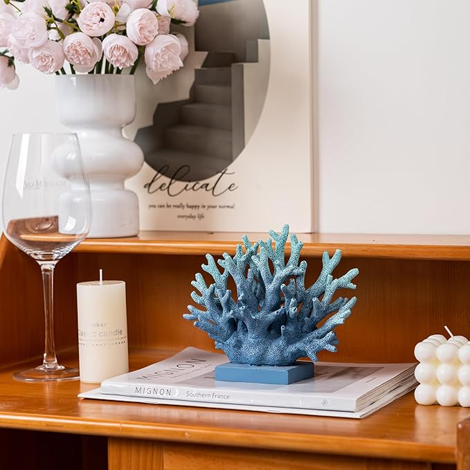 5.8" H Blue Coral Decor, Resin Coral Statue, Nautical Decorations for Home, Beach/Coastal/Ocean Themed Cabinet Shelf Tabletop Decor-CasaMuseHome