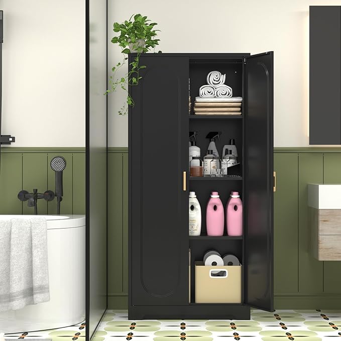 60" Tall Kitchen Pantry Cabinet, Metal Pantry Cabinet with Doors and Adjustable Shelves, Black Utility Storage Cabinet with Handles for Dining Room, Bathroom, Laundry Room - Assemble Required-CasaMuseHome