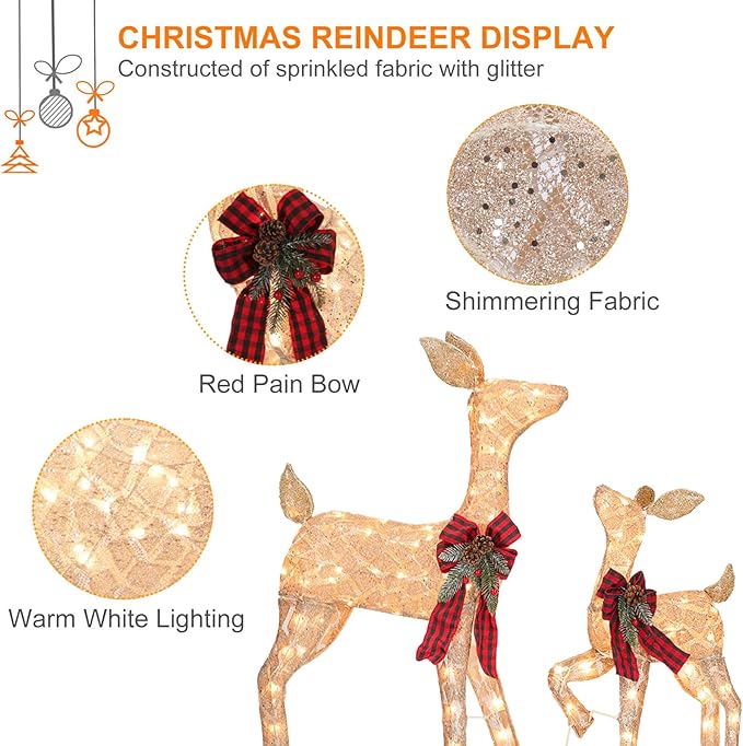 2 Pcs Reindeer Christmas Decoration, Xmas Lighted Golden Shimmering Doe and Fawn Display Set with 105 Warm White Lights for Yard Lawn Indoor Outdoor-CasaMuseHome