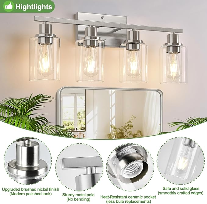 4-Light Bathroom Light Fixtures, Brushed Nickel Vanity Lights with Clear Glass Shades, Modern Bathroom Wall Lamp for Mirror Living Room Cabinet Bedroom Porch-CasaMuseHome