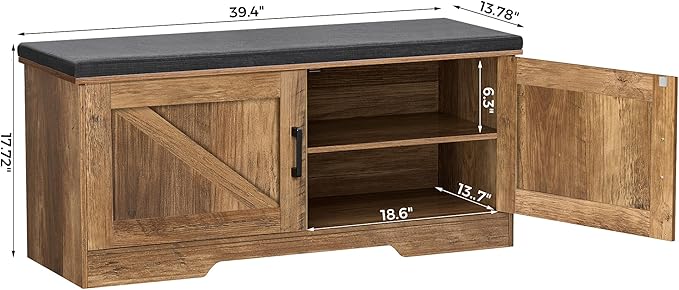 2-Tier Storage Bench, Shoe Bench with Padded Seat Cushion, Entryway Bench with 2 Barn Doors, Adjustable Shelf, 13.8" D x 39.4" W x 17.7" H, for Entryway, Living Room, Bedroom, Rustic Walnut-CasaMuseHome