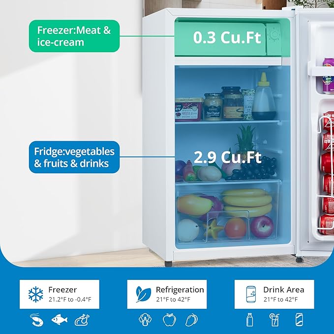 3.2 Cu.Ft Mini Fridge with Freezer, Small Refrigerator with Single Door and Adjustable Thermostat, Shelf, Energy Efficient, Compact Fridge for Bedroom, Office，white-CasaMuseHome