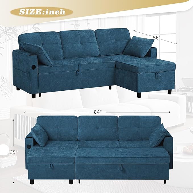 84 Inches Chenille Sectional Sofa w/Pull-Out Sofa Bed & Adjustable Back, Tufted L-Shaped Couch w/Storage Chaise, Sleeper Sectional Sofa w/USB Port & Cup Holders for Living Room, Blue-CasaMuseHome