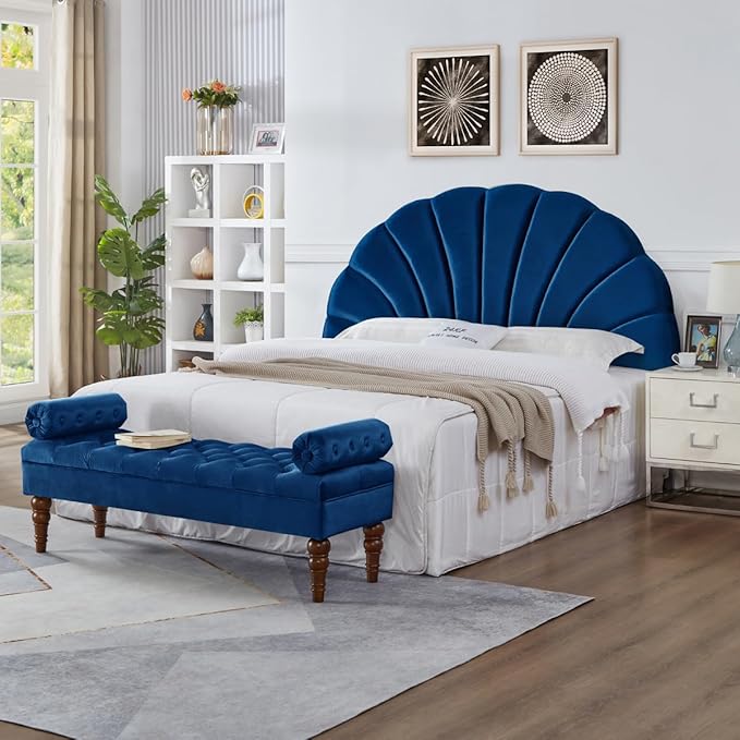 24KF Stunning Crown Design King Headboard, Upholstered Soft Velvet Petal Pattern Headboard King/CA King-6039-K-Navy-CasaMuseHome