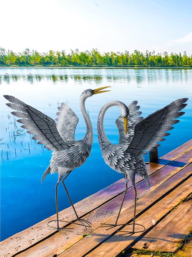24-27 Inch Standing Crane Garden Sculptures & Statues, Crane Metal Yard Art for Backyard, Lawn, Patio, Porch, Birthday, Wedding Decorations, Gray-CasaMuseHome