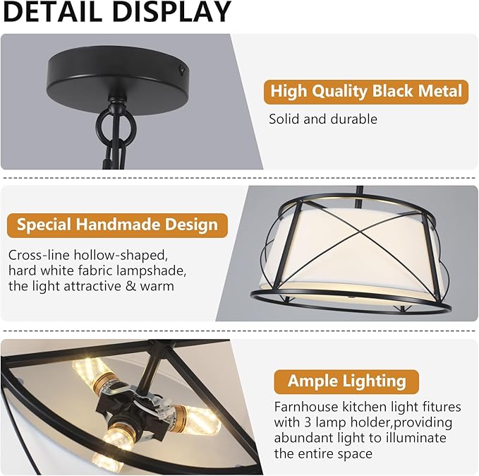 15.7" Black Drum Chandelier,3-Light Modern Farmhouse Chandelier,White Fabric Drum Shade Pendant Light Fixture for Dining Room Kitchen Island Bedroom Entryway-CasaMuseHome