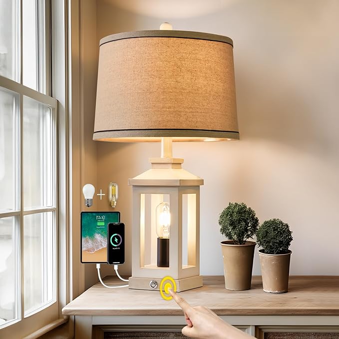 23.75" Retro Farmhouse USB C+A Ports Table Lamp with 3 Way Dimmable Touch Control White Nightlight Vintage Modern Lamp for Living Room Bedroom with 2 Light Sources-CasaMuseHome