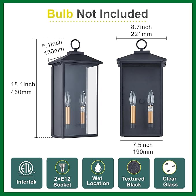 18 Inch Wall Light in Clear Glass and Textured Black and Golden Candle Cap Sleeve,Outdoor Lighting Wall Sconce,2-Light 120watts for House Doorway Garage,Bulb Not Included.-CasaMuseHome