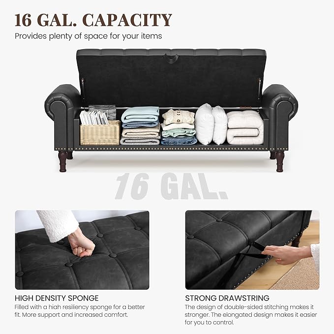 60" Storage Ottoman Bench for Bedroom, Full Queen Storage Bench with Button, Upholstered Bedroom Bench with Rolled Arms for Living Room, Storage Room, Entryway, Black-CasaMuseHome