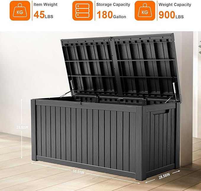 180 Gallon Resin Deck Box, Lockable Patio Outdoor Storage Box for Furniture, Garden Tools and Tools Storage, Waterproof Outside Storage Boxes - Black-CasaMuseHome