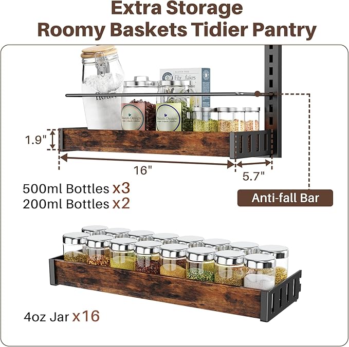 6 Tier Over The Door Pantry Organizer, 2 IN 1 Wall Mount or Metal Hanging Spice Rack for Pantry Organizers and Storage, Seasoning Shelves，Adjustable Basket with Hooks for Kitchen, Bathroom,Laundry-CasaMuseHome
