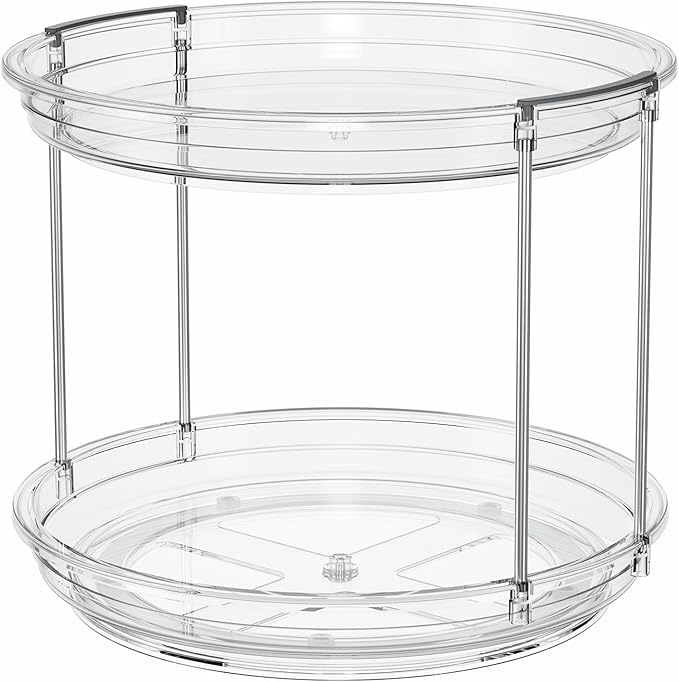 2 Pack 2 Tier Lazy Susan Organizer, 9.25'' Lazy Susan Turntable for Cabinet, Stackable Turntable Organizer Rotating Spice Rack Organization for Kitchen Countertop, Pantry, Bathroom, Clear-CasaMuseHome