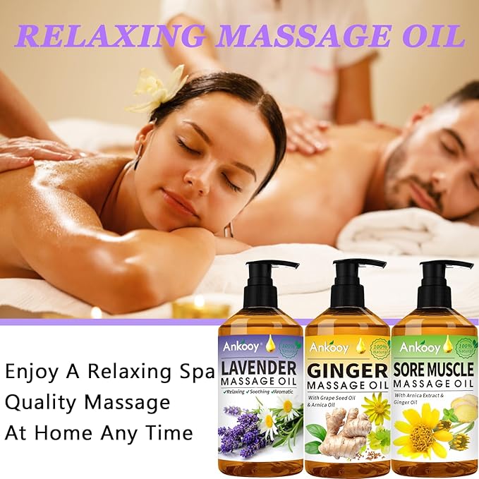 3 Pack Massage Oil for Massage Therapy,Sore Muscle Arnica Oil & Relaxing Lavender Oil & Ginger Oil Lymphatic Drainage & Massage Ball,Lymphatic Drainage Massager Body Oil,Massage Kit Gifts for Women-CasaMuseHome