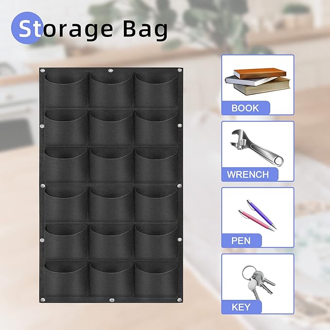 18 Pockets Hanging Planter Bags, Hanging Vertical Wall Mounted Plant Planting Grow Bags, Herb Garden Planter Outdoor Indoor Growing Bag, Gardening Vertical Greening Flower Container(1m×0.5m, Black)-CasaMuseHome