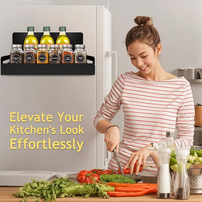 2-Pack Magnetic Spice Rack for Refrigerator - Heavy-Duty 20LB Capacity - Strong Magnetic Shelves for Classroom Whiteboards and Garage Tools, Kitchen Organizer for Utensils, Black-CasaMuseHome