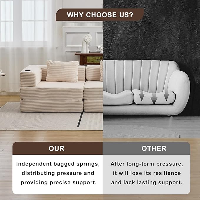 78" W Loveseat Sofa, 4 in 1 Convertible Floor Sofa Bed, Boneless Cloud Couch with Cup Holder, Fold Out Floor Couch, Loveseat Recliner Sleeper for Living Room Bedroom Lounge(Corduroy, White)-CasaMuseHome