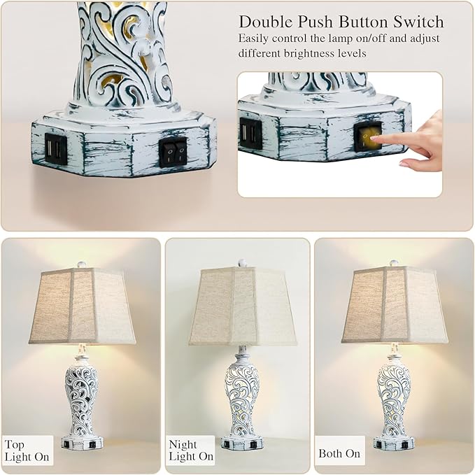 25'' Farmhouse Table Lamps Set of 2 for Living Room Bedroom, 2 USB Ports Rustic Vintage Nightstand Table Lamp with Nightlight, Hollow Out Resin Lamp for End Table (Bulbs Included)-CasaMuseHome