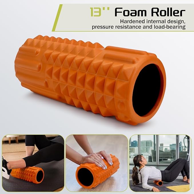 5-in-1 Foam Roller Set, Massage Roller Stick, Massage Ball, Resistance Band for Deep Muscle Massage, Trigger Point Release, Pilates, Yoga (Orange)-CasaMuseHome