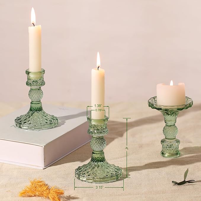 12Pcs Green Candlestick Holders Set- 4" H Taper Candle Holders Bulk, Glass Candle Holders for Wedding, Party, Romantic Dinner Table Centerpieces, Festival Gifts & Windowsill Decor-CasaMuseHome