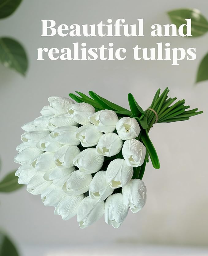 15pcs White Tulips PU Artificial Flowers Real Touch Fake Tulips for Spring Easter Home Kitchen Wedding Bouquet Bulk Mother's Gift Day Decorations-CasaMuseHome
