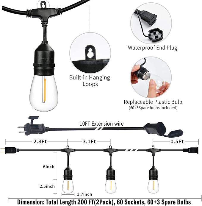200FT String Lights for Outside LED Patio Lights Outdoor Waterproof with 63 Shatteproof Edison Lights Outdoor String Lights 2200K for Patio Gazebo Pergola Café-CasaMuseHome