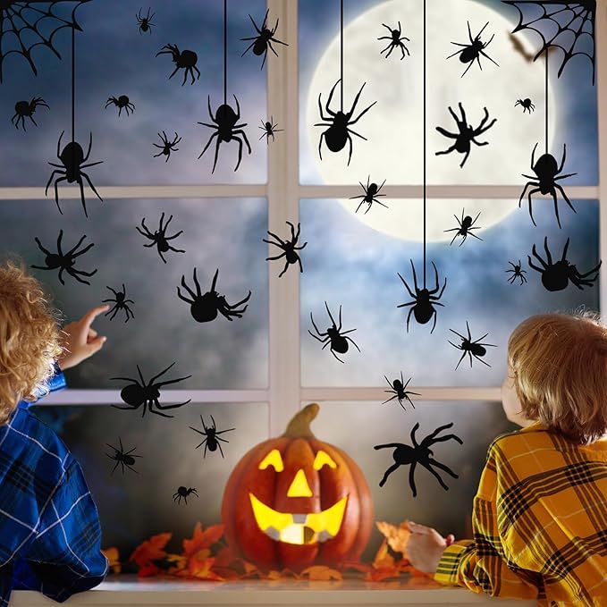4 Sheets Spider Window Clings - Double-Sided Removable Glass Decals, Halloween Themed Window Stickers for Kids Party Decorations-CasaMuseHome