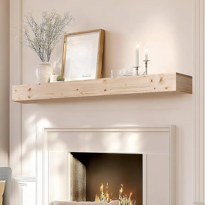 72x8x5 Fireplace Mantel - Handcrafted Hollow Rustic Solid Wood Wall Mounted Floating Shelf with Invisible Heavy Duty Wood Bracket (DIY Color)-CasaMuseHome