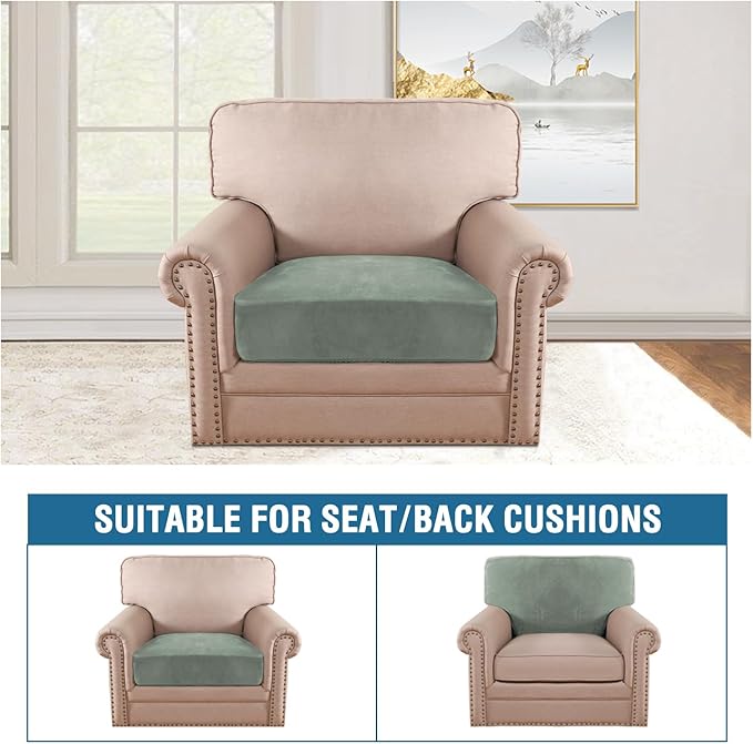 H.VERSAILTEX Velvet Stretch Couch Cushion Cover Plush Cushion Slipcover for Chair Cushion Furniture Protector Seat Cushion Sofa Cover (1 Piece Armchair Cushion Covers, Sea Grass)-CasaMuseHome