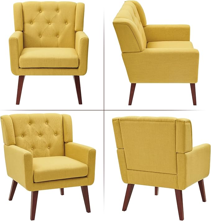 Accent Chair Button-Tufted Upholstered Living Room Chairs Comfy Reading Chair Mid Century Modern Chair with Linen Fabric Lounge Arm Chairs for Living Room Bedroom (Yellow Set of 2)-CasaMuseHome