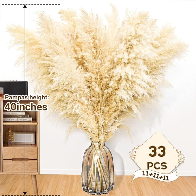 40" 33PCS Dried Pampas Grass Decor Tall,Large Natural Beige pompas Grass Tall Pampas Grass for Floor Vase,Wedding,Party,Farmhouse,Boho Home Decor,and Creating a Bohemian Ambiance-CasaMuseHome