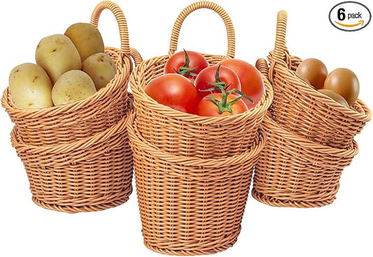 6 Pack 3 Size Woven Hanging Fruit Basket, Wall Hanging Wicker Baskets, Wall fruit Wicker Basket for Kitchen, Planter, Vegetable & Fruit, Boho Home Decor-CasaMuseHome