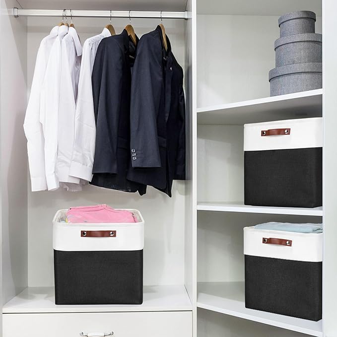 13x13 Cube Storage Bins, Collapsible Fabric Storage Box, 4 Pack Closet Baskets with Handles for Organizing, Shelf, Toys, Clothes, Home, Office, Nursery (Black&White)-CasaMuseHome