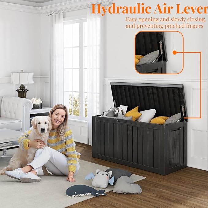 80 Gallon Resin Deck Box, Lockable Patio Outdoor Storage Box for Furniture, Garden Tools and Tools Storage, Waterproof Outside Storage Box - Black-CasaMuseHome