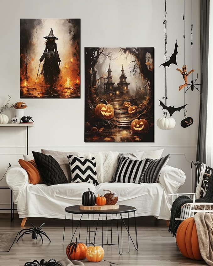 AbcCustomize Halloween Canvas Wall Art - Spooky Haunted House & Eerie Pumpkins Poster, Gothic Fall Decorations for Home, Vintage Halloween Decor Indoor for Living Room, Bedroom & Party-CasaMuseHome