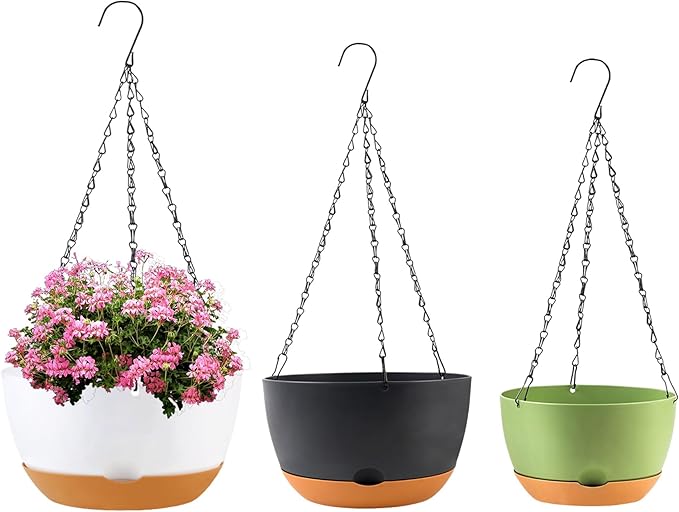8/10/12 inch Hanging Planters for Indoor Outdoor Plants with Self-Watering Pots, 3 Pack Plastic Hanging Basket with Removable Tray for Home Garden Porch Balcony Patio Decor(White+Black+Green)-CasaMuseHome