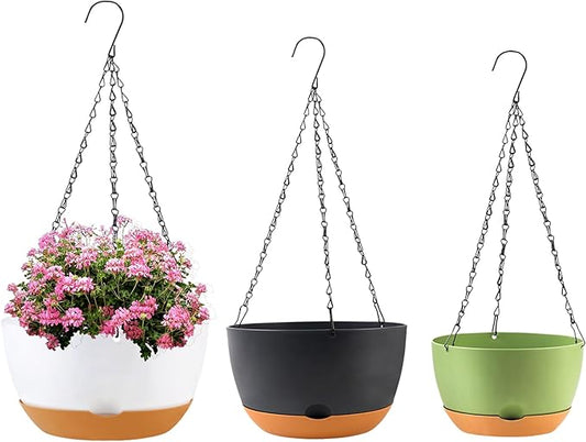 8/10/12 inch Hanging Planters for Indoor Outdoor Plants with Self-Watering Pots, 3 Pack Plastic Hanging Basket with Removable Tray for Home Garden Porch Balcony Patio Decor(White+Black+Green)-CasaMuseHome