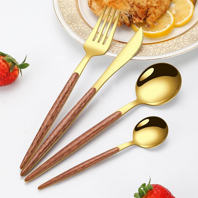 16 Pcs Gold Silverware Set with Simulated Wooden Handle for 4,Stainless Steel Cutlery Set,Mirror Polished Tableware Utensils Flatware Set,Include Knives Spoons and Forks set,Dishwasher Safe-CasaMuseHome
