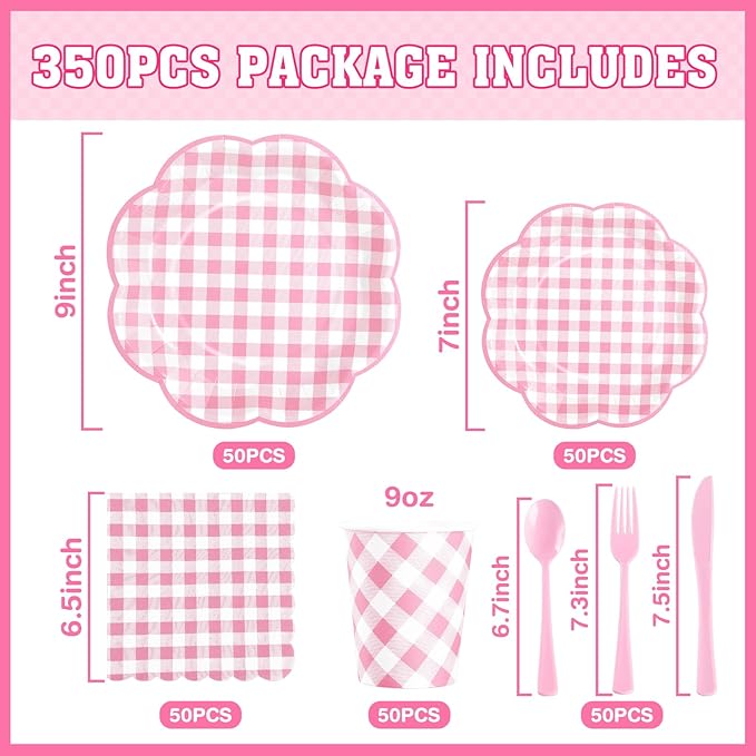 350 Pcs Pink Gingham Plates and Napkins Party Supplies - Pink and White Checkered Plates Sets Serve 50 Guests - Scalloped Gingham Paper Plate for Birthday Wedding Picnic Party Decorations-CasaMuseHome